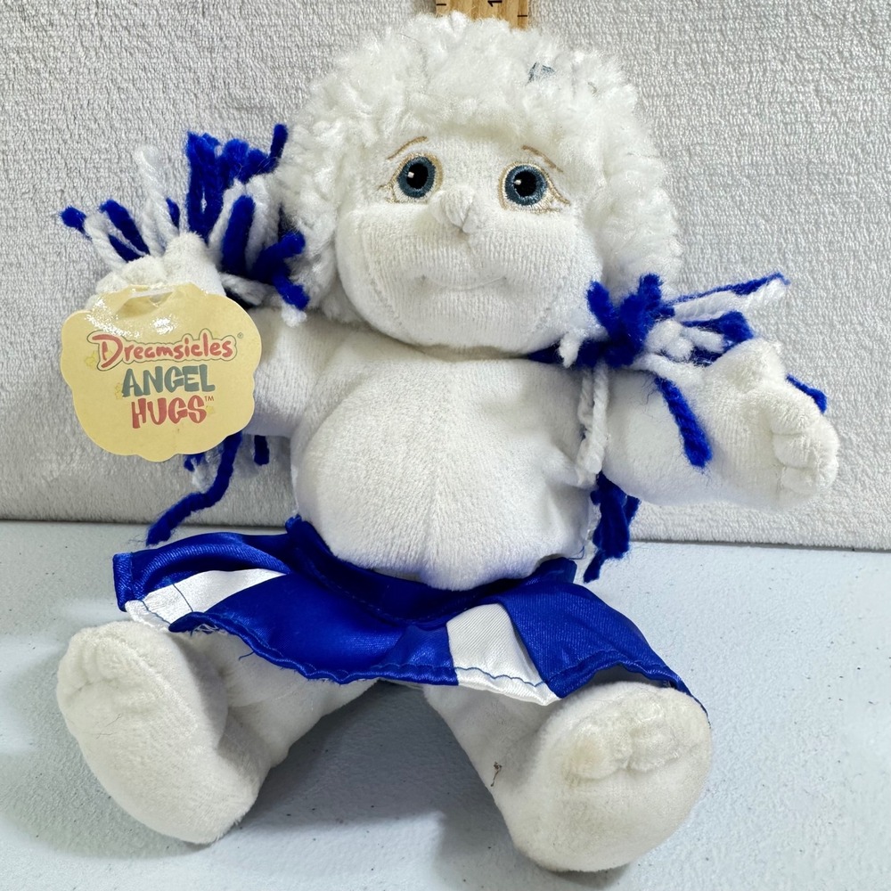 1999 Dreamsicles Angel Hugs Plush Cheerleader Doll White‎ Blue Pom Poms